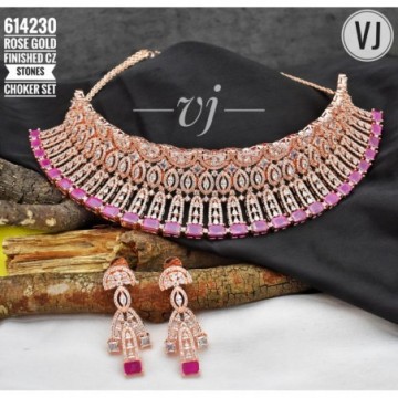 Vj Rose Gold Finished CZ Stones Choker Set