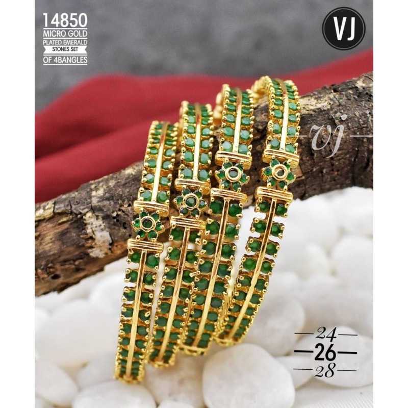 VJ Micro Gold Plated Emerald Stones Set of 4 Bangles