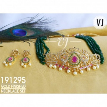 VJ Gold Finished Green Necklace Set