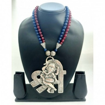 Double Row Dual Colour Beads Handcrafted Necklace Set With Pendant
