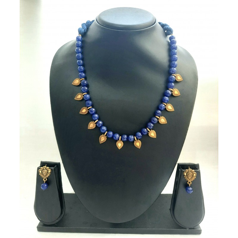 Handcrafted Beautiful Blue Beads Gold Plated Necklace Set Handcrafted Beautiful Blue Beads Gold Plated Necklace Set