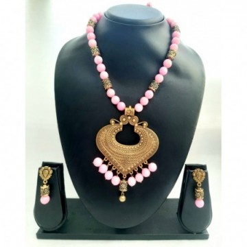 Handcrafted Beautiful Pink Beads Gold Plated Necklace Set With Pendant